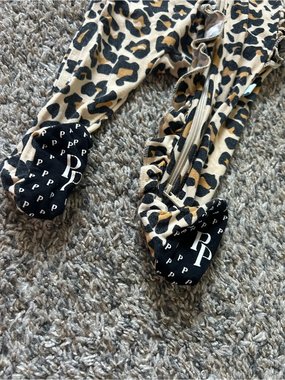 Posh Peanut Leopard Print Ruffle Footed Pajamas - Cream, Brown, Black